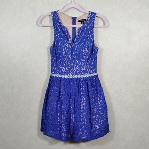 02116 Jodi Kristopher royal blue lined lace formal mini dress 1